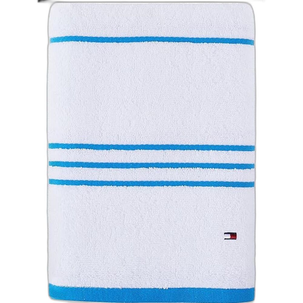 Tommy Hilfiger Modern American Teal Stripes 30" x 54" Cotton Bath Towel Preowned